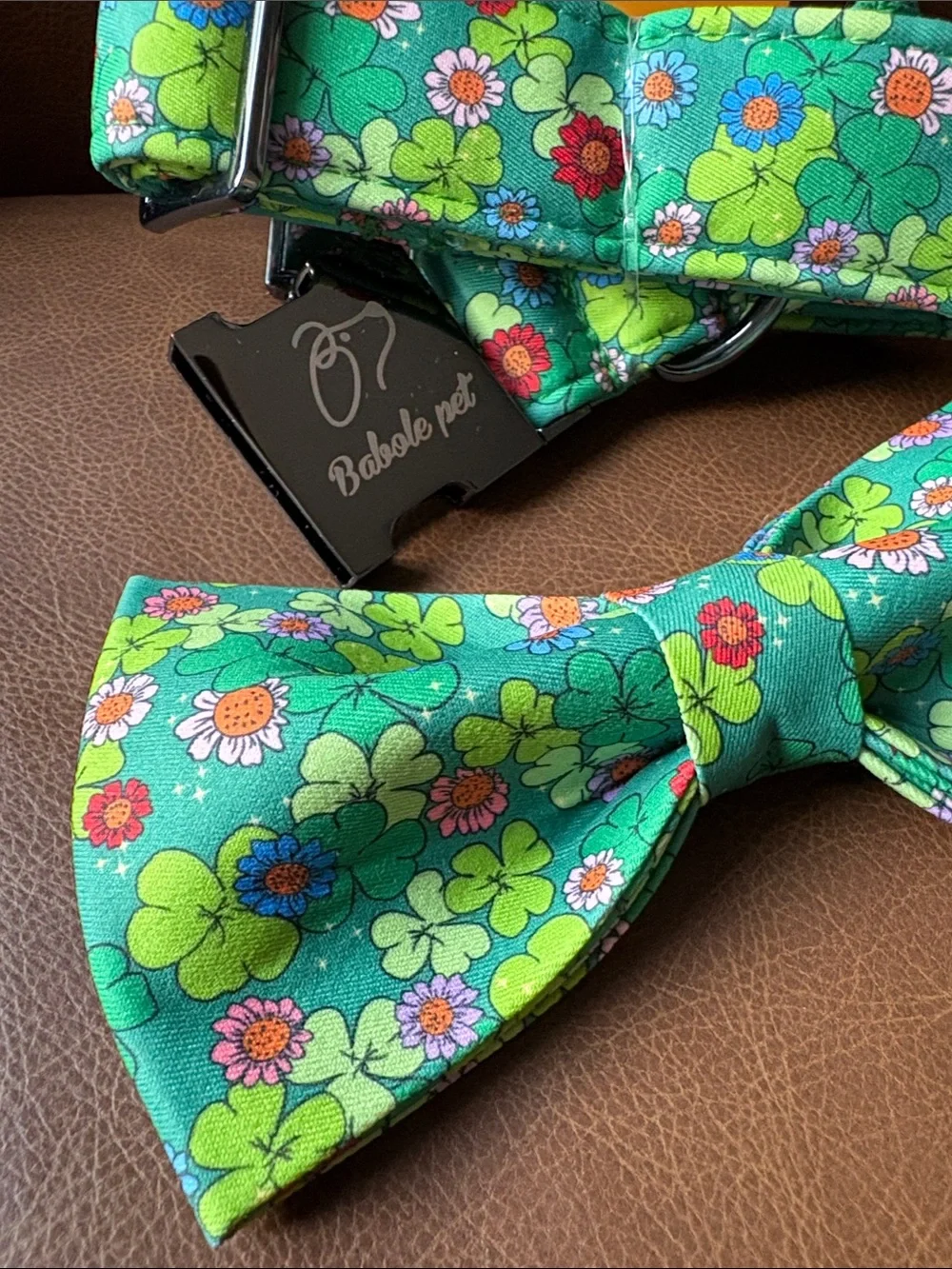 Green Clover Pattern Adjustable Dog Collar with Removable Bow